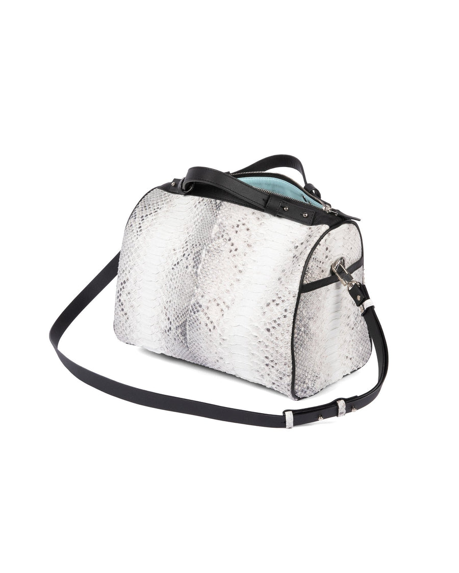 Sac 30 en python blanc ouvert, poignées et bandoulière en cuir noir