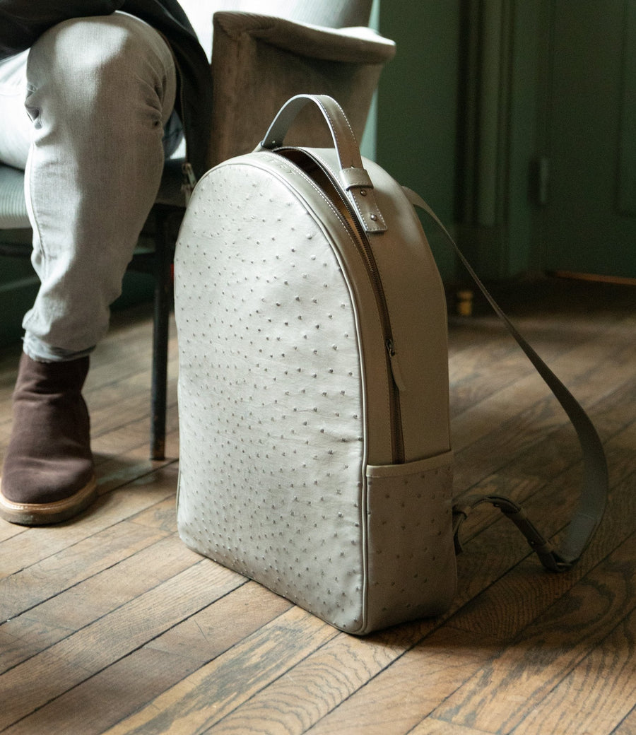 Sac à dos en cuir d'autruche gris posé sur un parquet