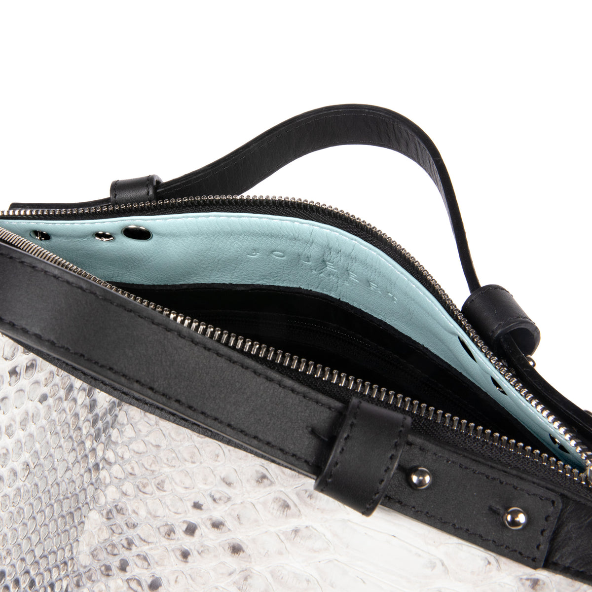 Sac à main 30 en cuir de python naturel, intérieur bleu pastel