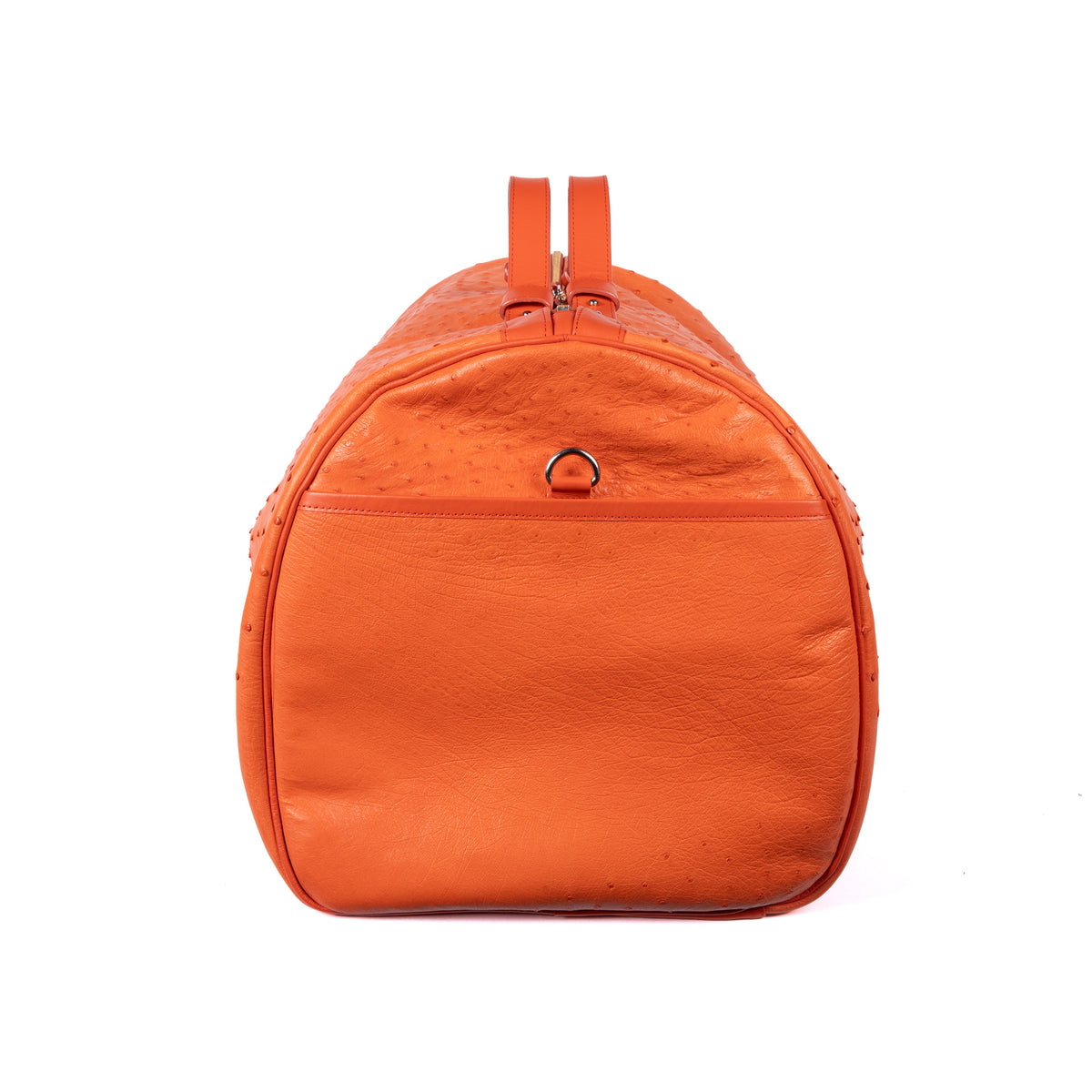 Sac de voyage 55 en cuir d’autruche orange, intérieur bleu pastel