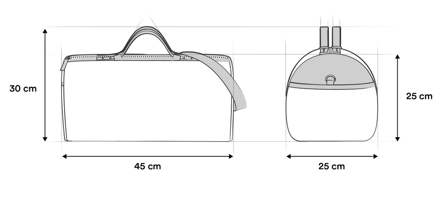 Schéma coté du sac : 45 cm de long, 30 cm de haut, 25 cm de profondeur